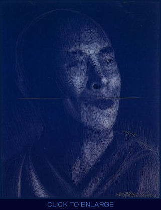 His iconic, monumental four-sectioned portrait of the Dalai Lama, an earlier work,  fairly vibrates with emotions   electrically charged with compassion, radiant with love, hypnotic with serenity. The artist's painful journey from a tortured period to his hard-won, transcendent transformation is etched in every line, and all this seems to be communicated directly to the viewer's higher emotional center by some powerful magic... You feel it with all of you, all at once. Infused with wisdom, compassion, and timelessness -- like the Dalai Lama himself -- only true art can feed your soul! 
